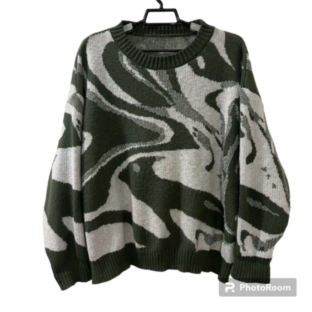 SHEIN 0XL Abstract Marbled Knit Sweater Olive Green Gray Oversized Crewneck